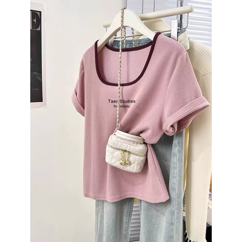 撞色方领正肩短袖t恤女2025新款小众设计感时尚百搭洋气上衣夏季