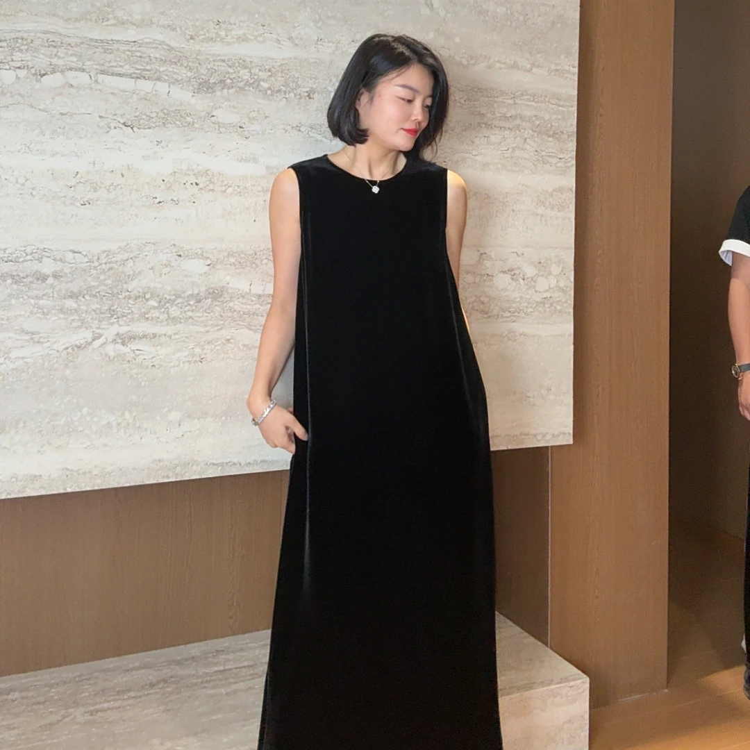 TANTAN 100丝绸 气质简约高级感宽松无袖秋季连衣裙2989