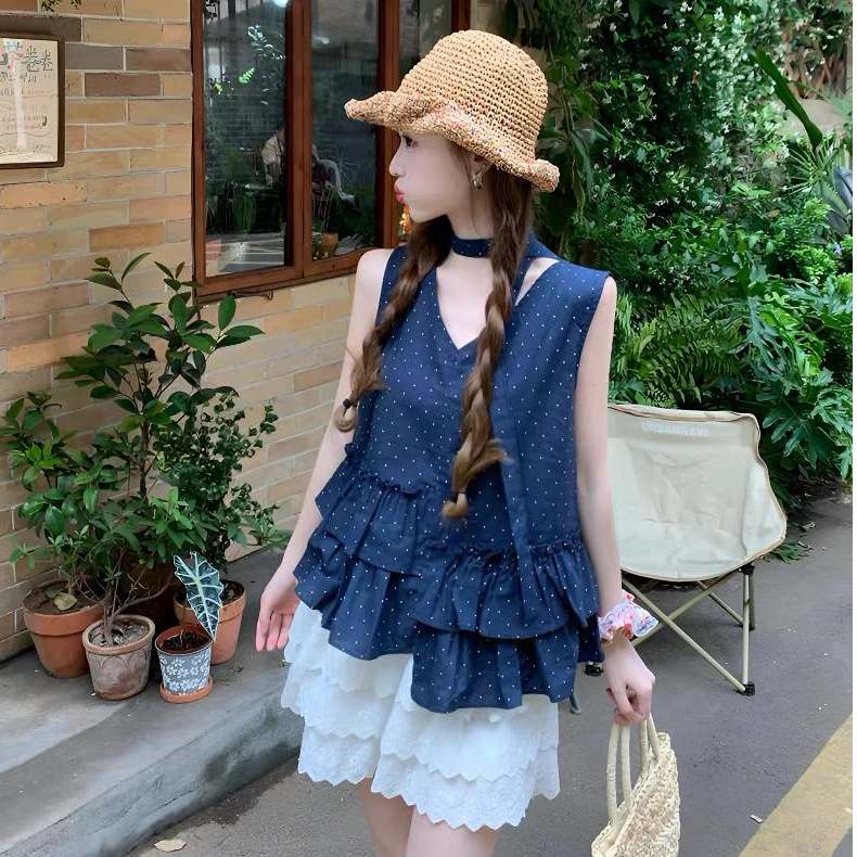 2025Siolet夏季波点无袖衬衣不规则荷叶边宽松上衣+飘带#666