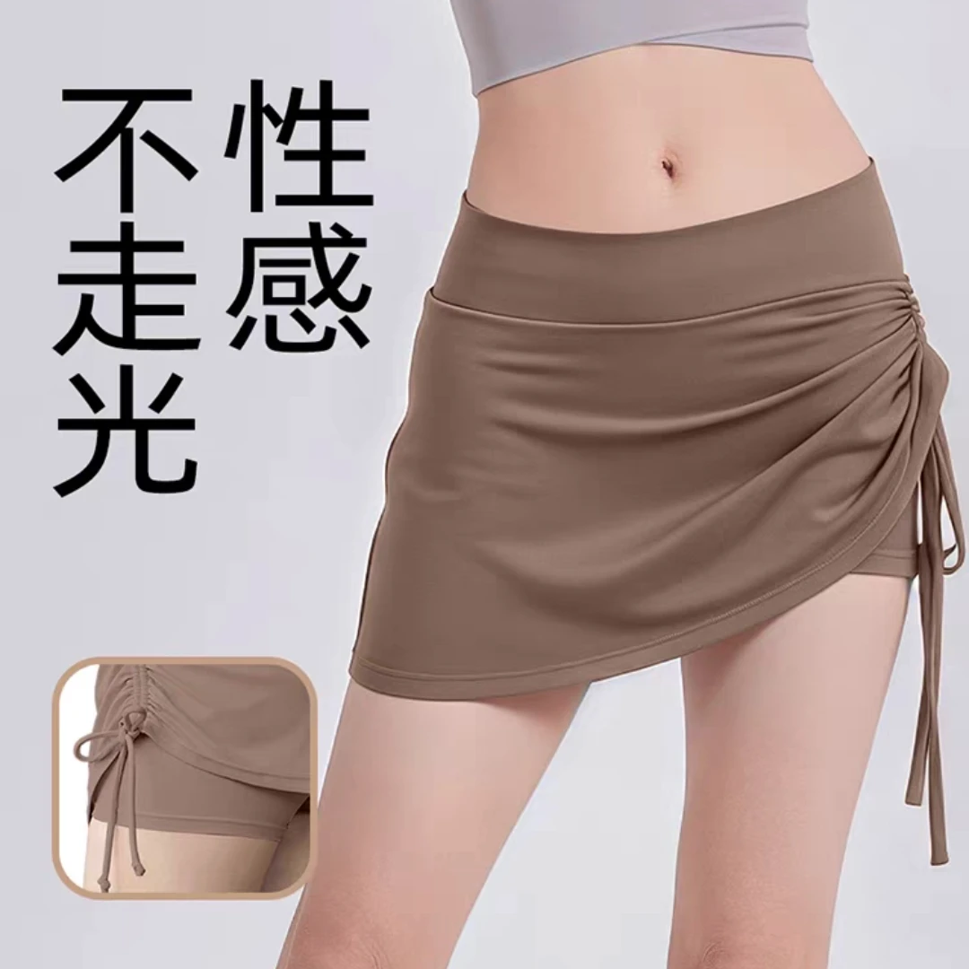 11瑜伽服抽皱运动短裙女防走光白色速干跑步假两件健身裤夏季高腰