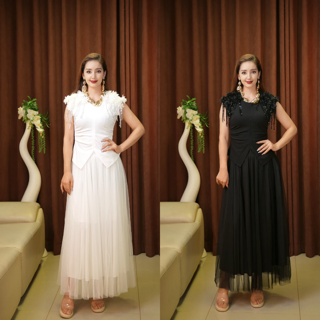 通勤风时尚套装女装新款裙子收腰长裙休闲风夏季两件套裙—8138