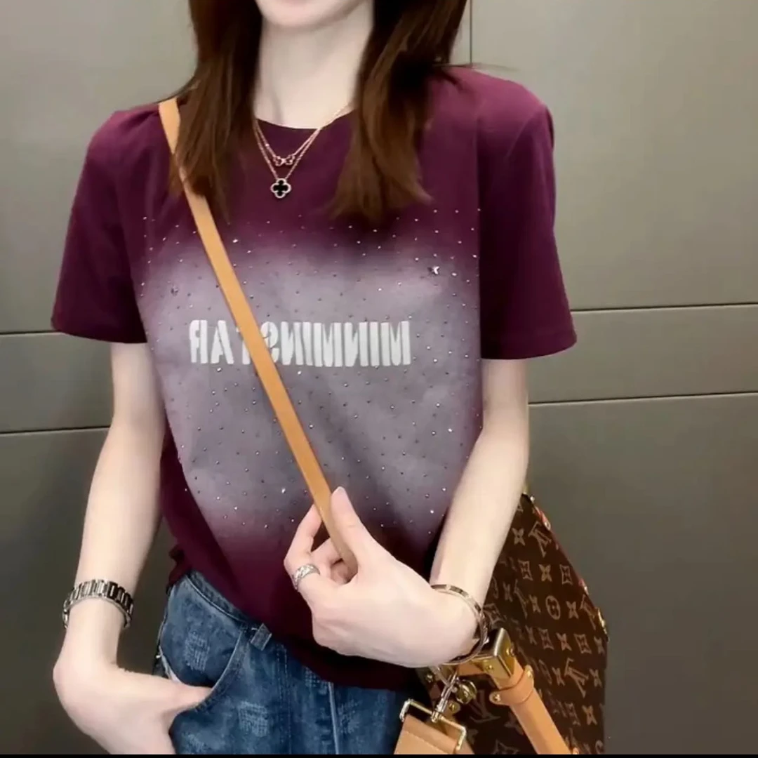 紫色上衣百搭女显瘦烫钻正肩短袖T恤2025夏季新款时尚小众休闲