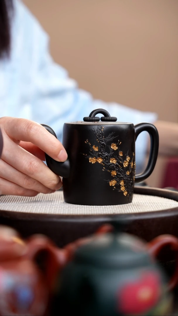 茶壶紫砂捂灰朱泥描金梅花双圈