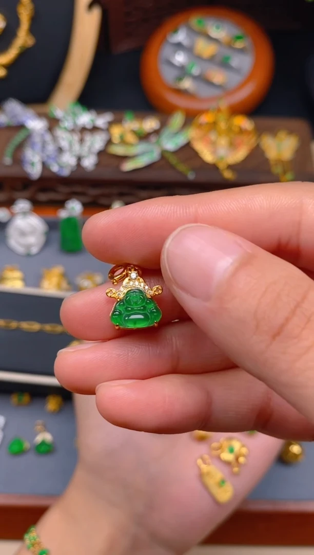 【闪购商品】翡翠吊坠(不含链)银S925镶嵌金色财神佛公