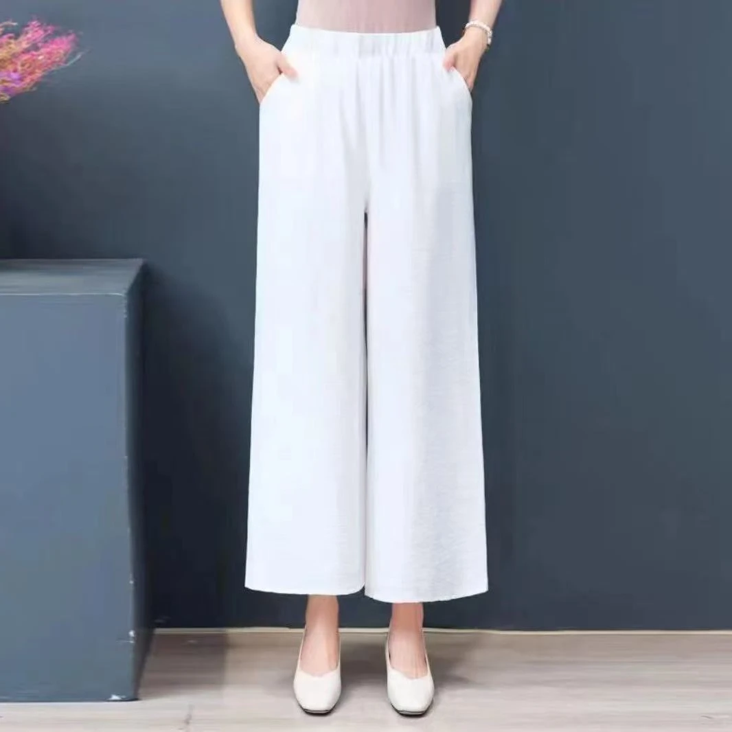 纤梦依-2025新款轻薄三色9分高腰松紧阔腿裤