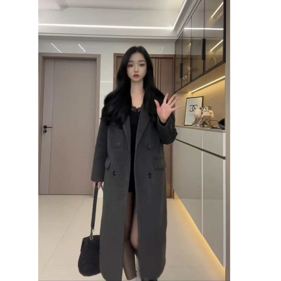【麦多多】灰色毛呢大衣正肩外套女高级感长款西装呢子韩版小个子