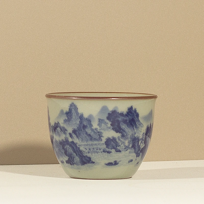 青花茶杯品茗杯客杯山水釉下彩复古家用陶瓷茶具主人杯茶盏单杯