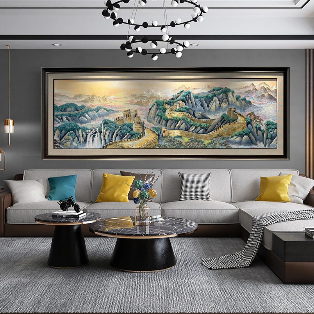 万里长城图珠绣客厅高定沙发背景墙装饰画高档中式风壁画
