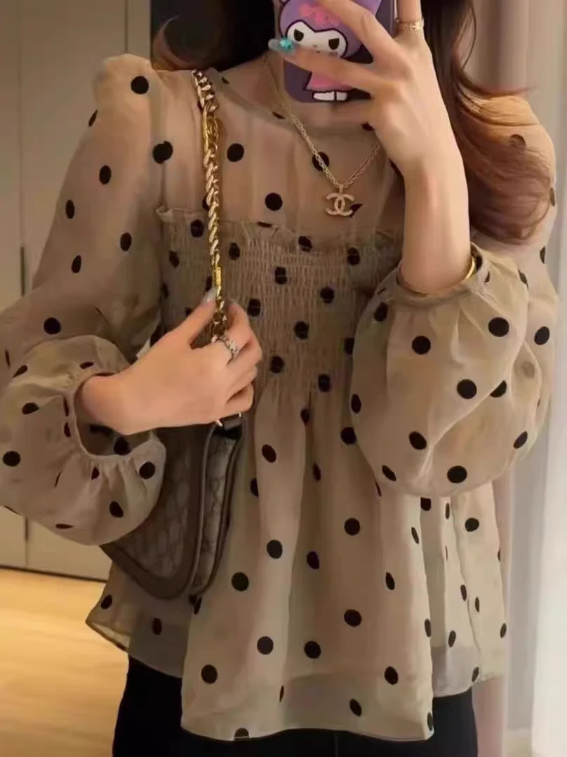 2025年新款春法式甜美气质波点泡泡袖衬衫女洋气减龄娃娃雪纺上衣