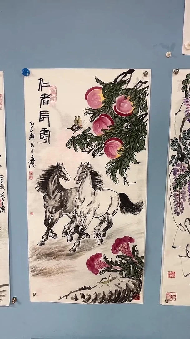 国画武天庆老师寿桃双骏图