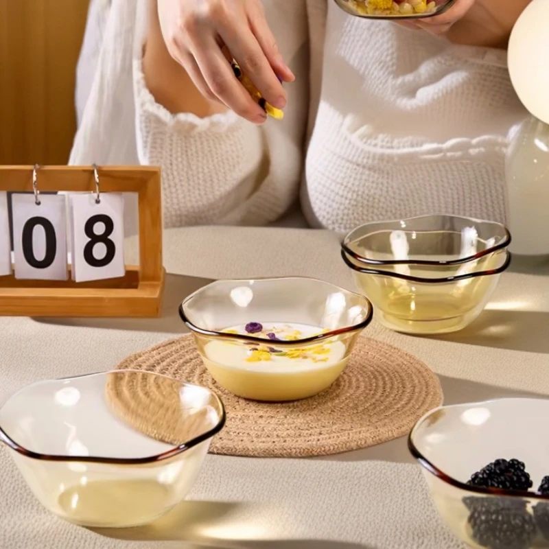 两只装琥珀原色高硼硅玻璃荷叶碗家用耐高温微波炉专用