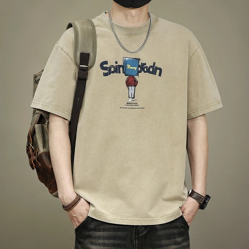 高端美式复古圆领短袖T恤男夏季纯棉做旧宽松印花半袖衫男装上衣