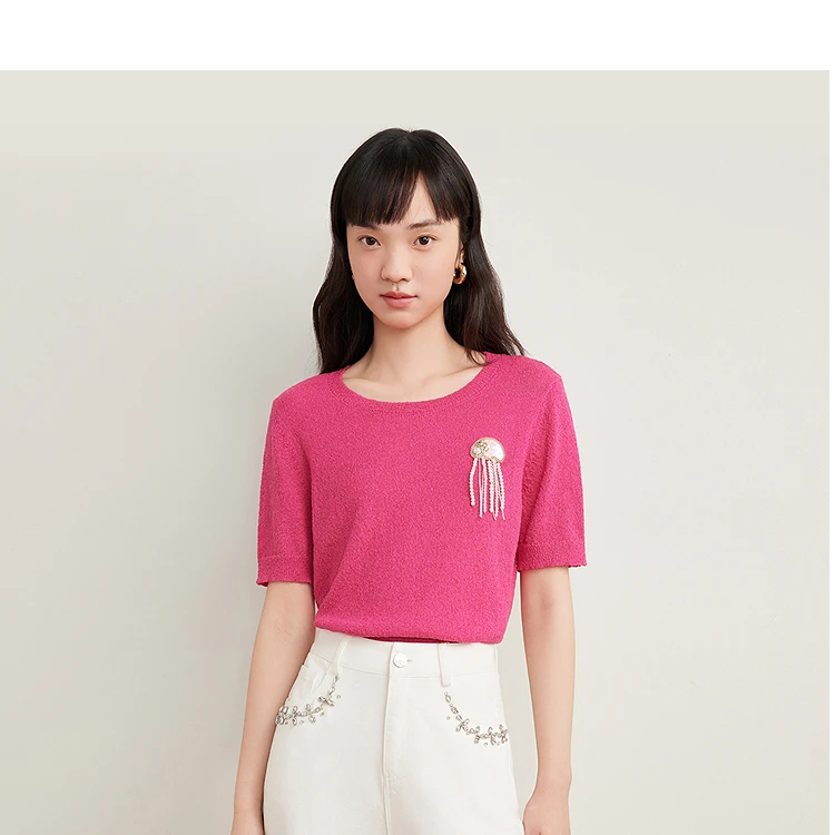 Goodland美地2025夏季新款法式设计感玫粉亮丝毛针织衫LC35206700