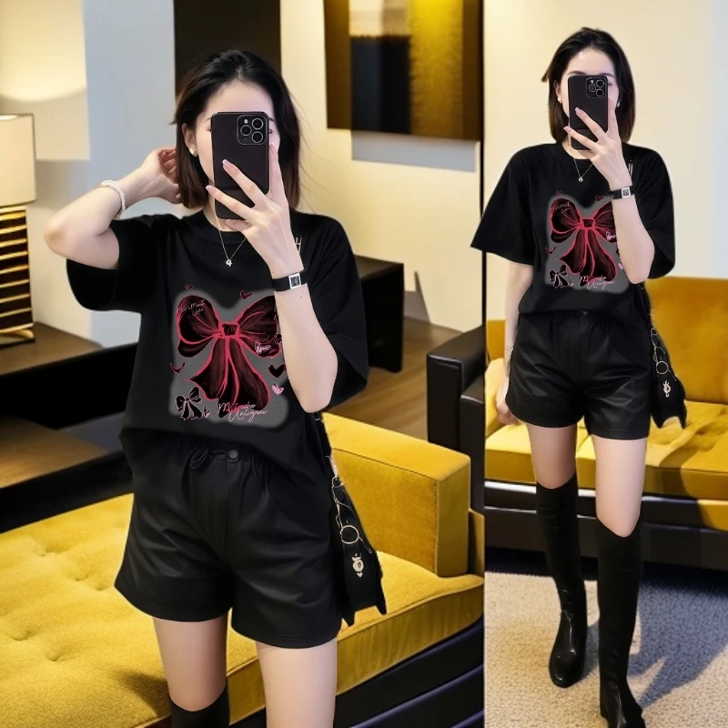 韩版宽松蝴蝶结短袖女夏季遮肚T恤女款2025新款爆款洋气显瘦上衣