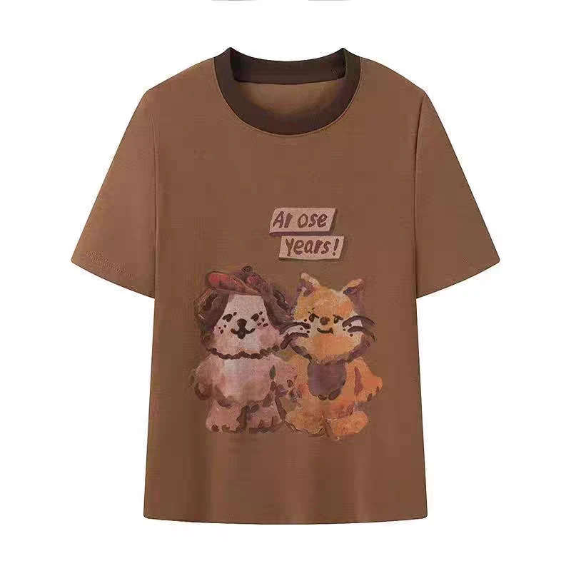 &艾家夏季新款轻奢时尚棕色宽松短袖圆领卡通印花T恤女-50526125