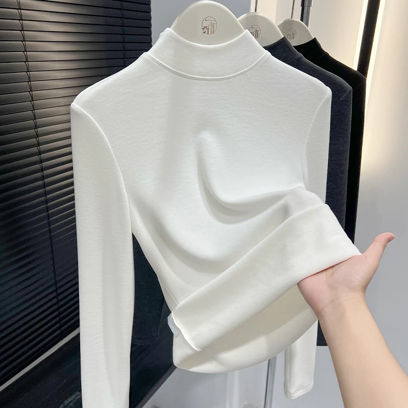 双面磨毛设计保暖上衣女白色半高领长袖T恤小衫秋冬季新款打底衫