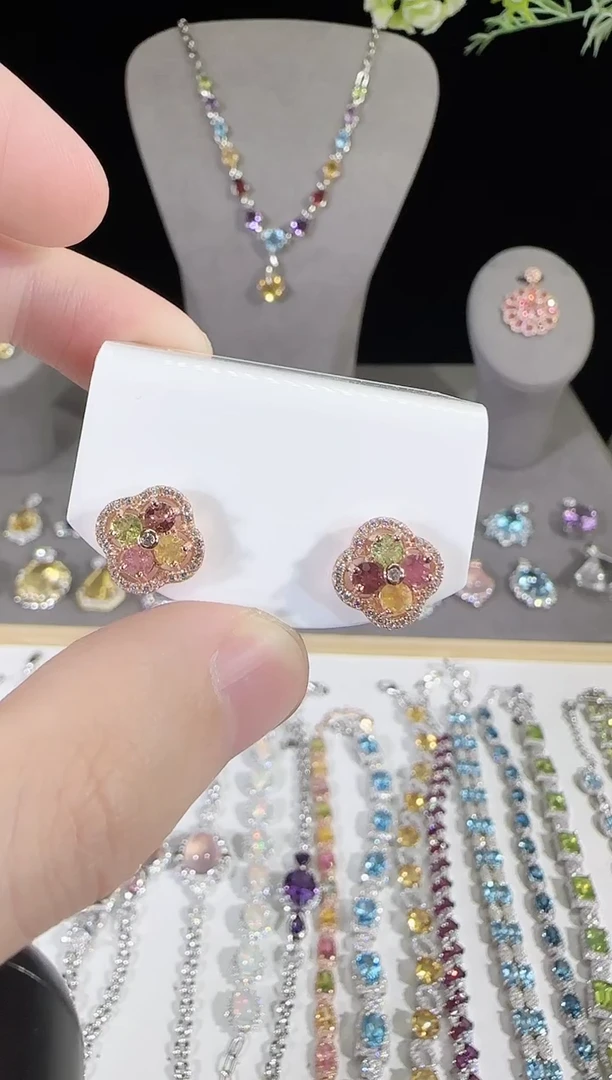 碧玺耳饰银S925镶嵌9mm耳钉