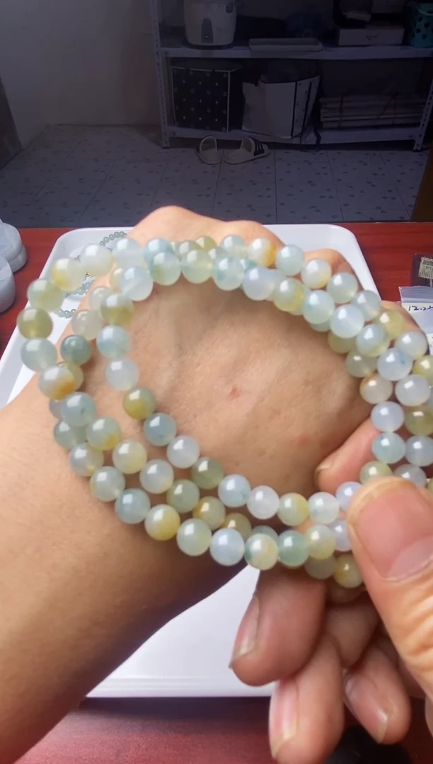 未镶嵌定制翡翠冰种飘花➕冰黄➕晴底长串珠串卡6.2