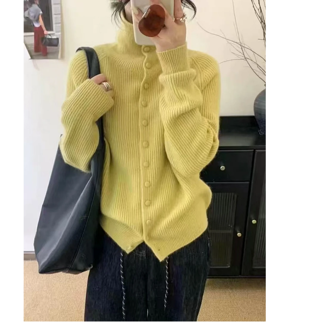 柠檬黄~绵羊毛翻领长袖针织开衫秋冬单排扣设计感针织衫