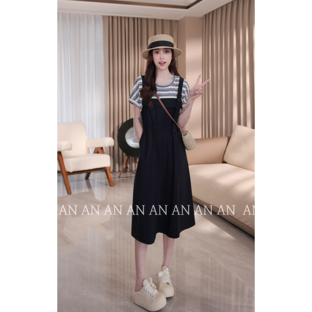 C07062夏季减龄显瘦设计感温柔风假两件拼接条纹收腰连衣裙