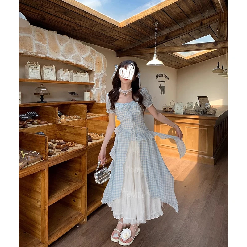 2025夏日绝美格纹连衣裙上衣女+独特时尚巨好看白色半身裙两件套