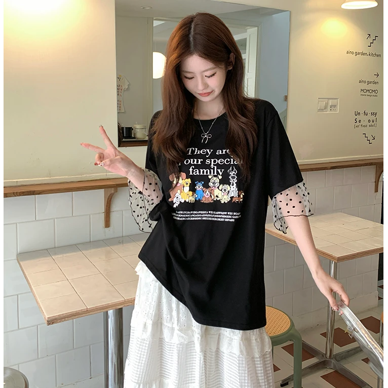 2025夏季新款拼波点荷叶边上衣女小个子减龄韩系chic宽松短袖