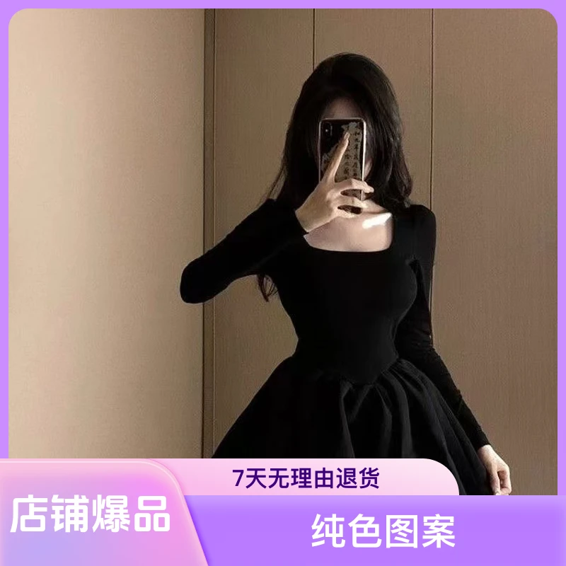 显瘦秋季法式常规方领长袖连衣裙收腰设计感赫本风时尚礼服