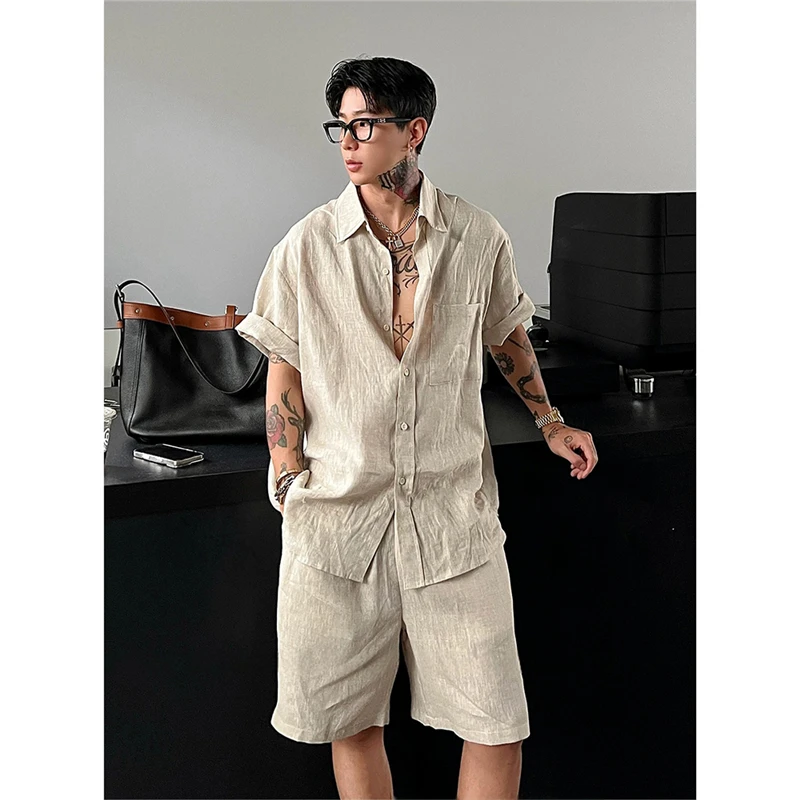老钱风亚麻短袖衬衫短裤套装男高级感痞帅棉麻短裤松弛感穿搭