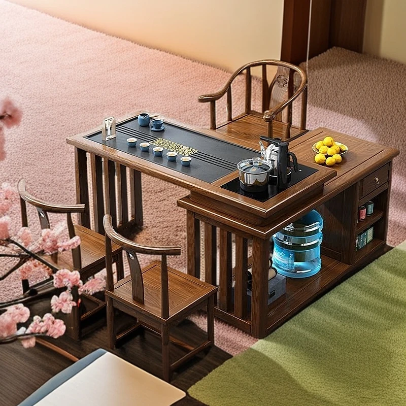 新中式旋转茶桌阳台家用可折叠移动茶台喝茶桌椅组合小茶几一体式