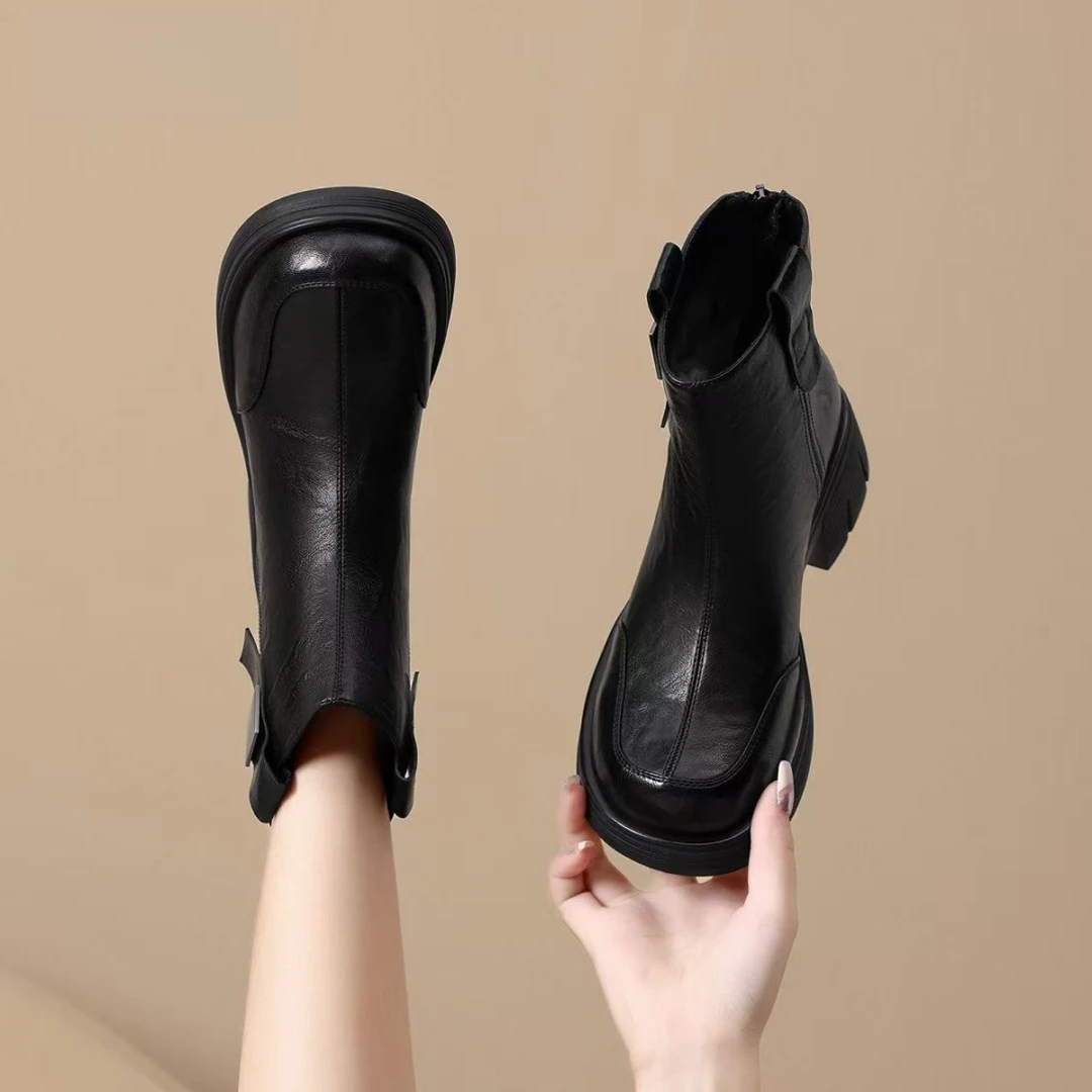 -1秋冬款牛皮女靴英伦风马丁靴秋冬季加绒烟筒靴粗跟厚底瘦瘦靴