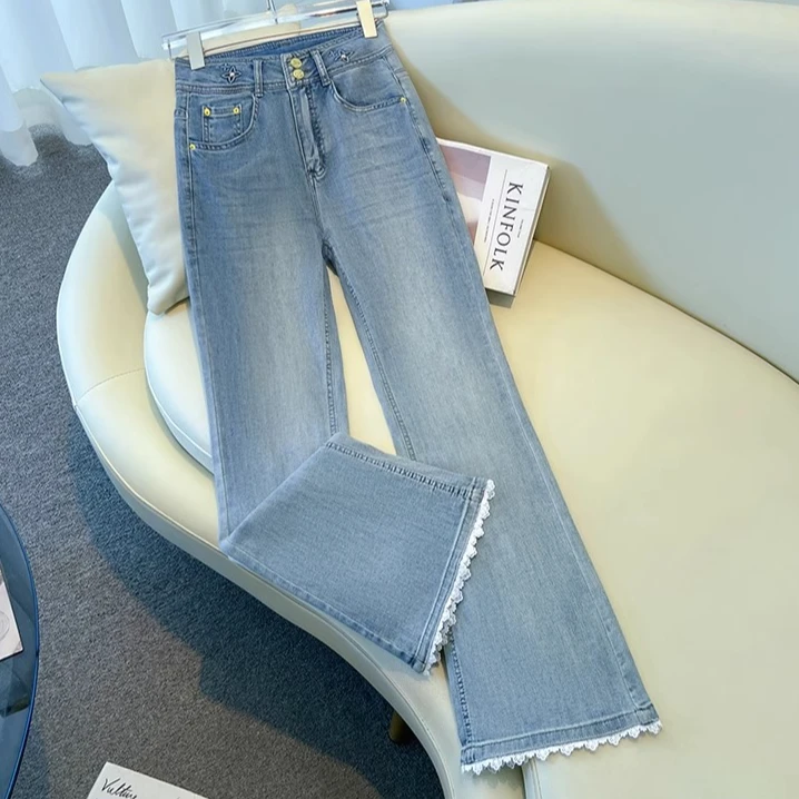 水洗新款中高弹微喇裤高腰牛仔裤阔腿显瘦女装禅意仙气飘飘花边