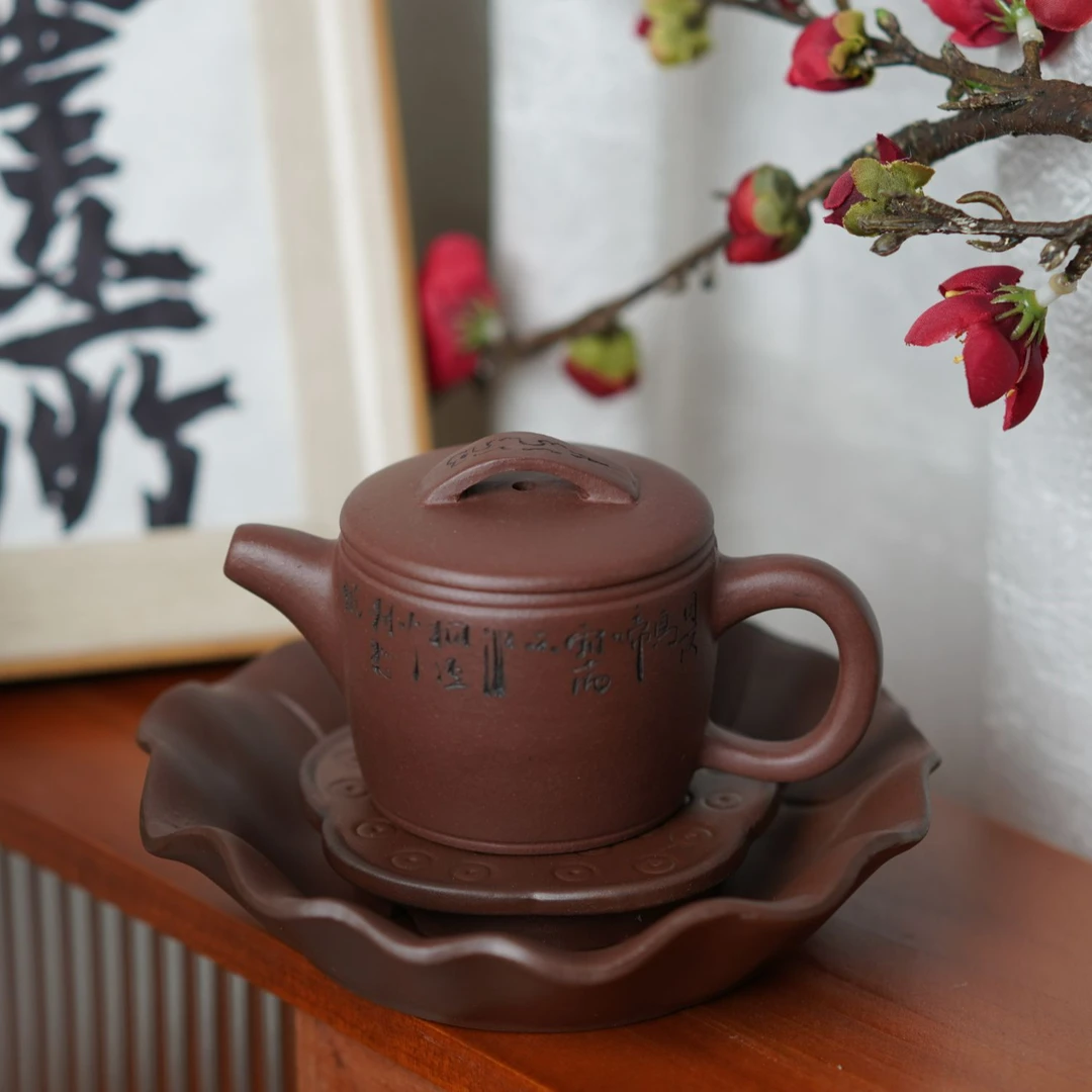 宜兴家用朱泥汉瓦壶潮州泡茶壶手工雕刻三杯功夫茶壶大口汉瓦