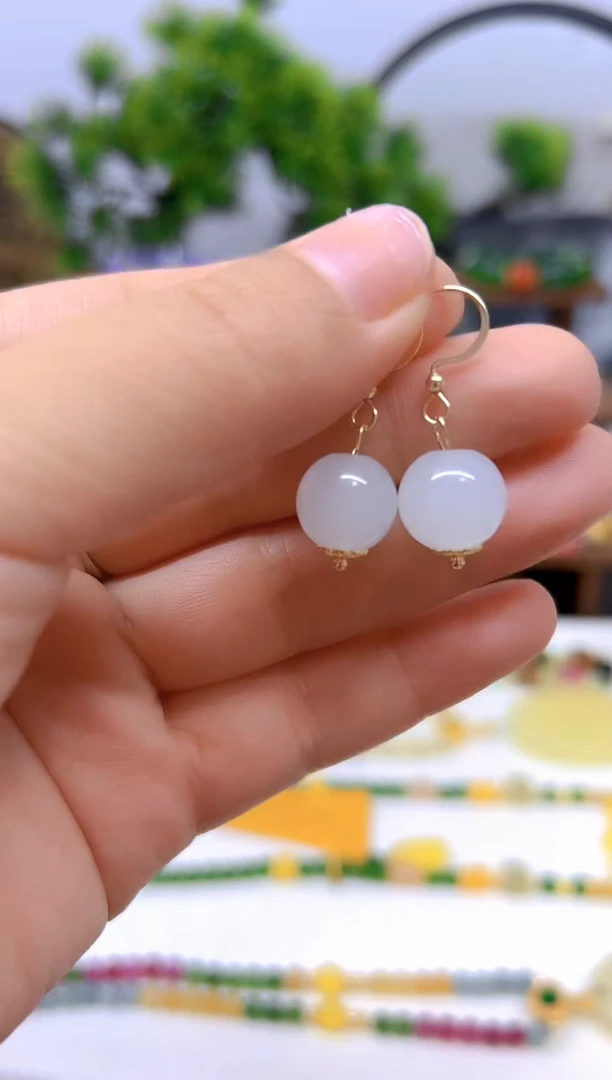 和田玉（白玉）14K金镶嵌耳饰E04