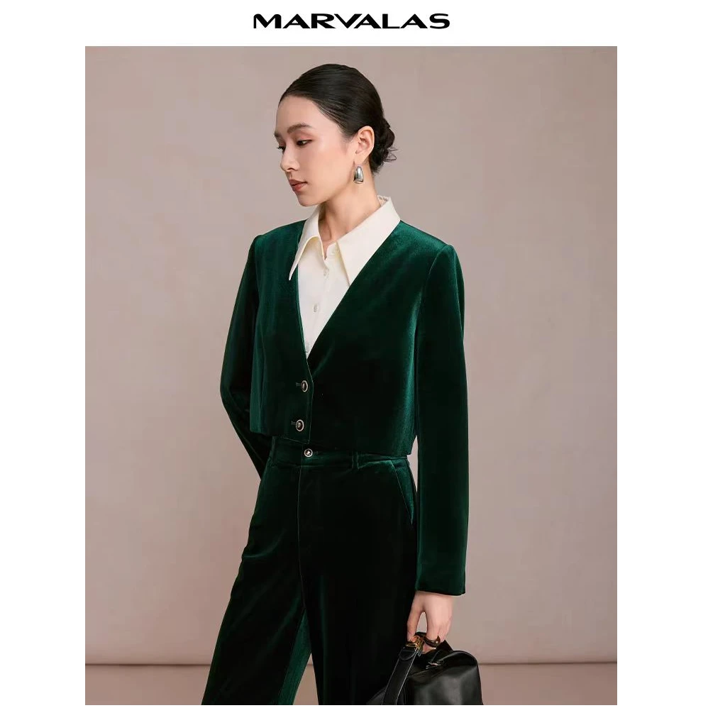 【商场同款】曼德诗polo领短款外套新款弹力丝绒拼色上衣M421306757