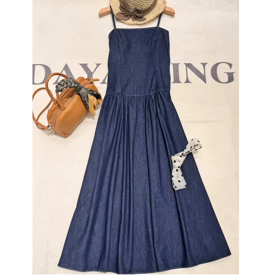 [68岁小姐姐]100%棉 复古一字领显瘦牛仔无袖吊带连衣长裙FI 1187