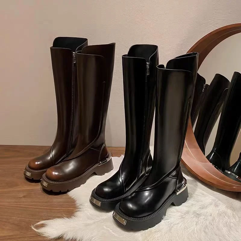 骑士瘦瘦靴2024年秋季新款女士时尚机车靴百搭英伦风靴子圆头