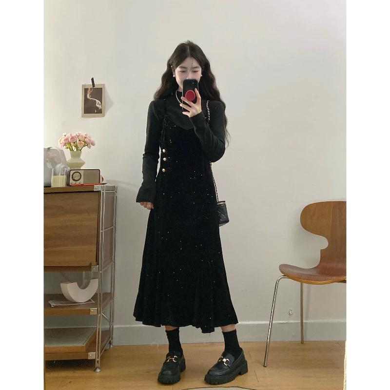 大码秋冬高级感胖mm修身显瘦带细闪丝绒吊带裙打底衫气质法式穿搭