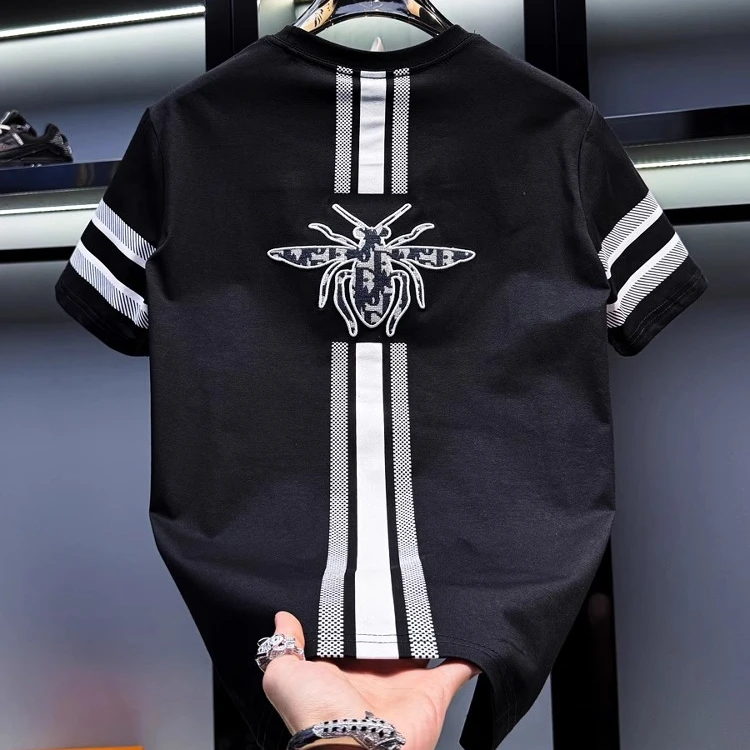 狄佛蒙特欧货男高端条纹刺绣圆领短袖t恤夏季潮流时尚休闲半袖T恤