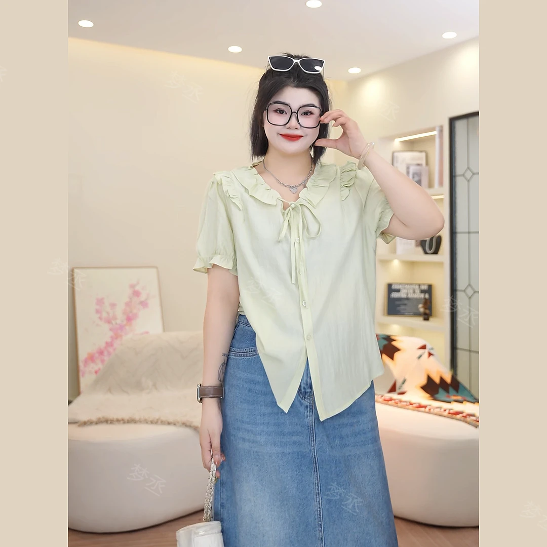 梦丞【入夏私语】大码女装荷叶边系带温柔气质百搭减龄显瘦短袖衬衫