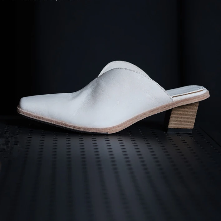 高档时尚舒适百搭原创粗跟包头简约复古穆勒女拖鞋方头皮鞋真皮底