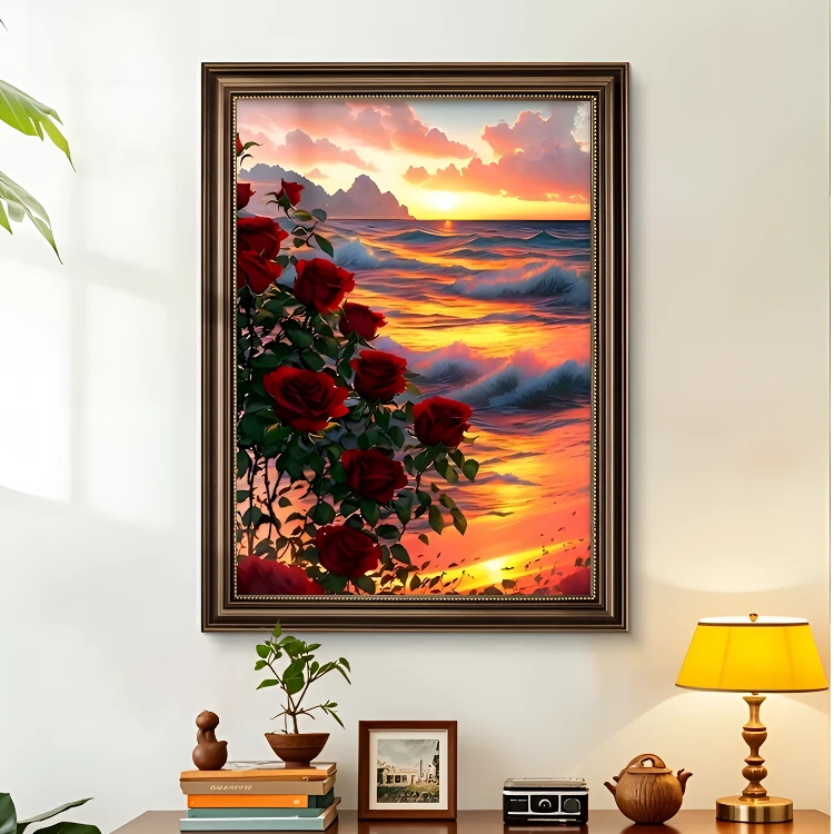 美式玄关装饰画夕阳玫瑰花油画走廊过道高级感挂画客厅壁画挂画