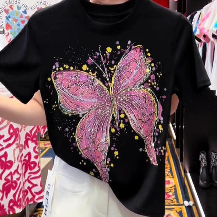 0973夏季新款韩版重工烫钻蝴蝶短袖T恤女时尚设计感百搭显瘦上衣