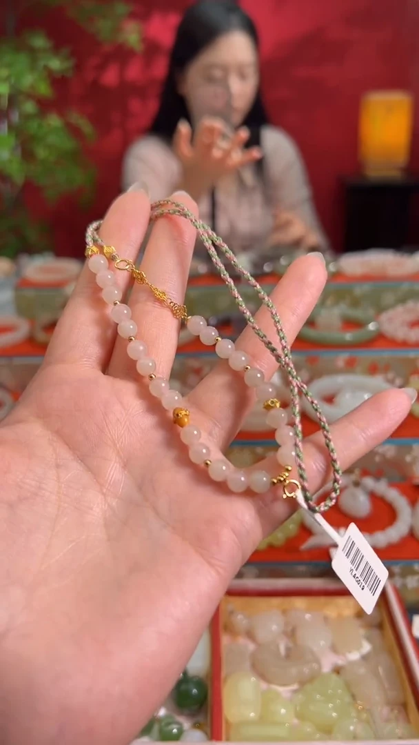 颈饰银S925镀金镶嵌和田玉s****y藕粉半珠绳