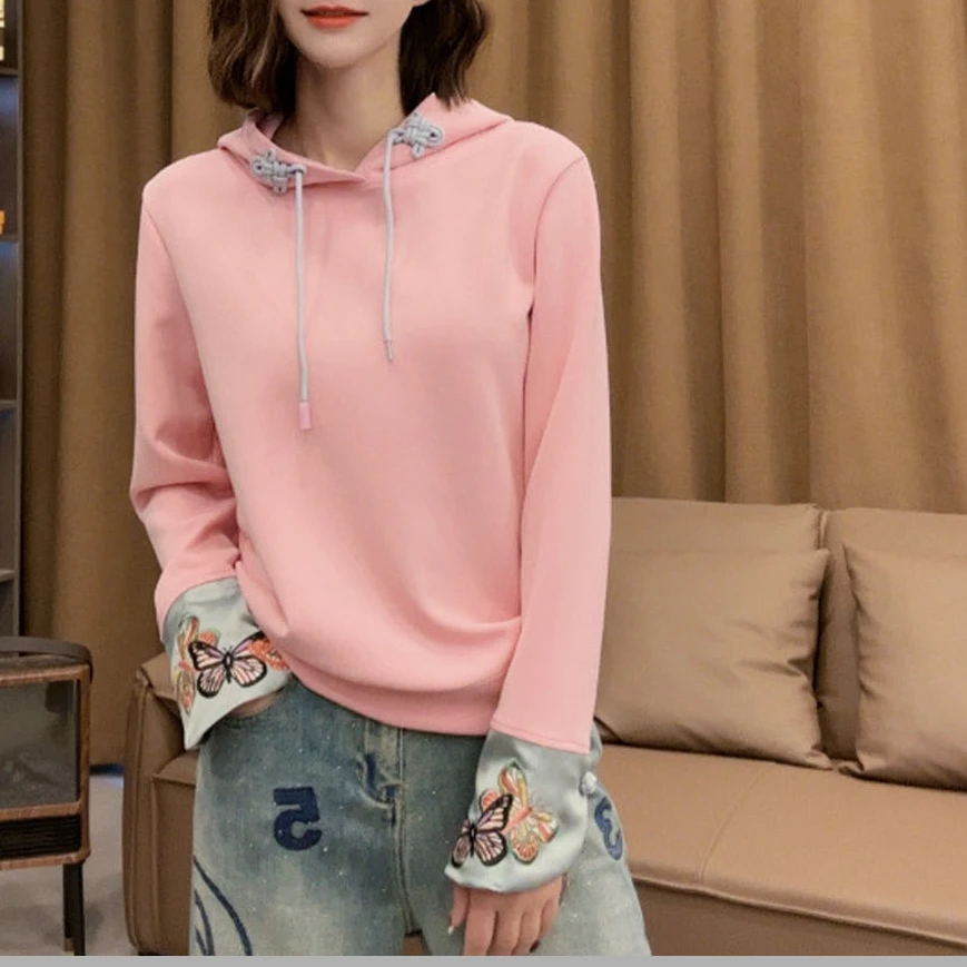 国风连帽绣花蝴蝶女士卫衣H713WY01C23468