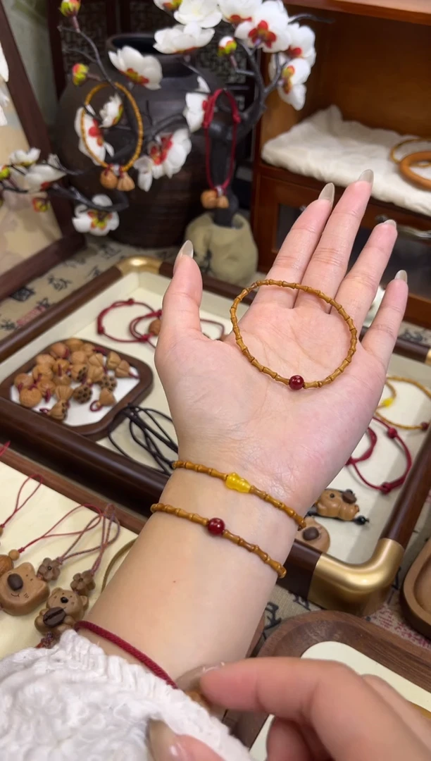 手串桃核【桃缘行】竹节「红色莎莎」桃木桃核辟、挡、驱、护 备注手围