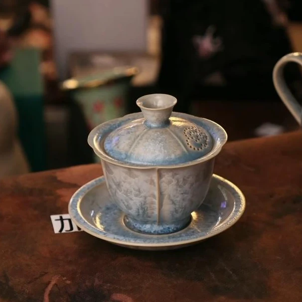 古道源蓝冰花高脚祥云盖碗 A11782