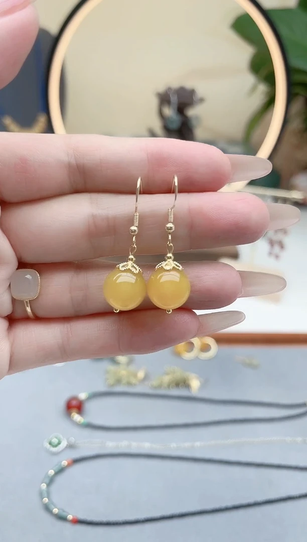 玛瑙/玉髓耳饰银S925镶嵌986黄色单珠