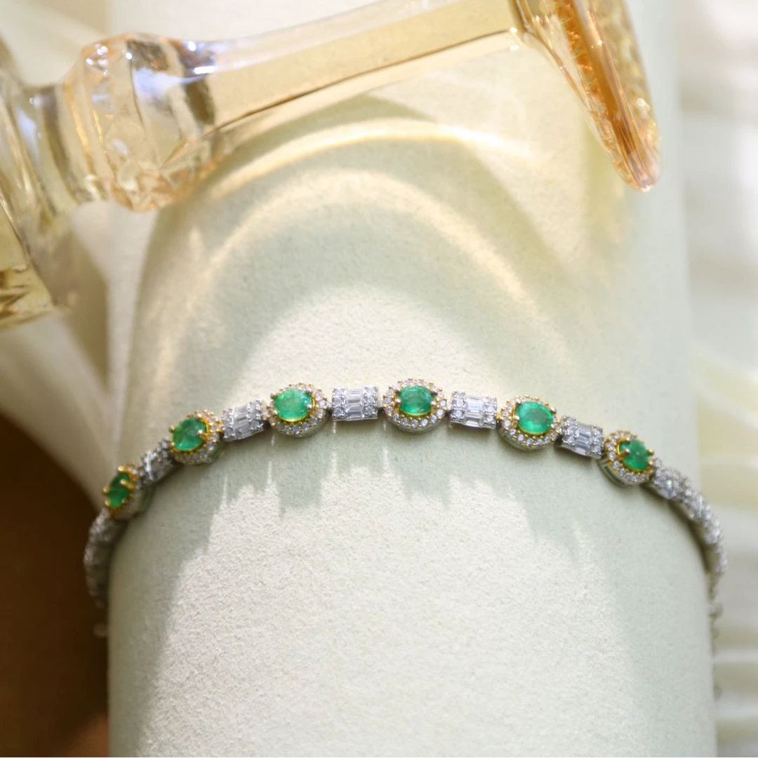 〔如一珠宝〕走基地带证书天然祖母绿双色工艺手链戴妃经典