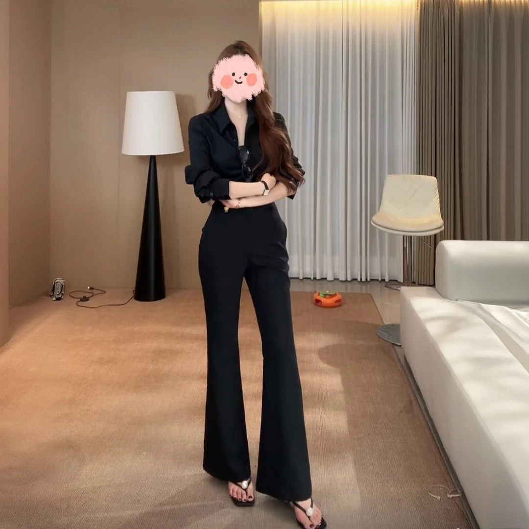 2025秋季新款气质通勤职场长袖衬衫百搭显瘦高腰微喇西裤俩件套