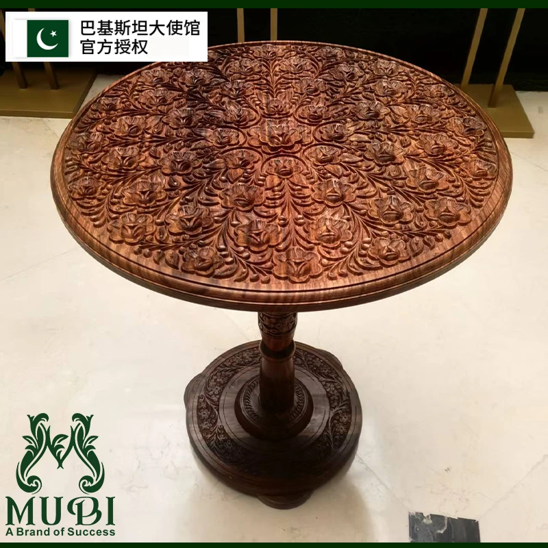 巴基斯坦木质手工雕刻复阳台客厅家用简约古典圆形可拆卸小茶几